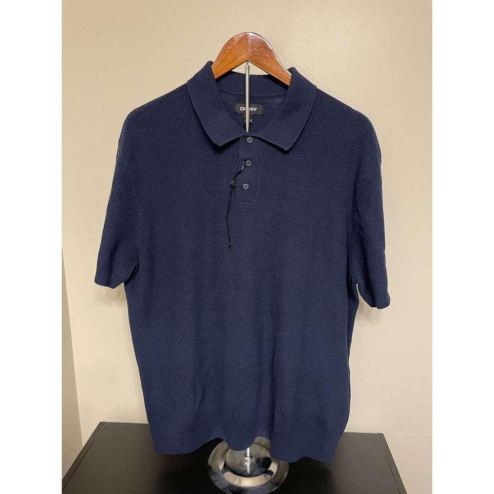 DKNY Sweater Men’s Navy Blue Short Sleeve 100% Cotton Size XL Ribbed Pullover
